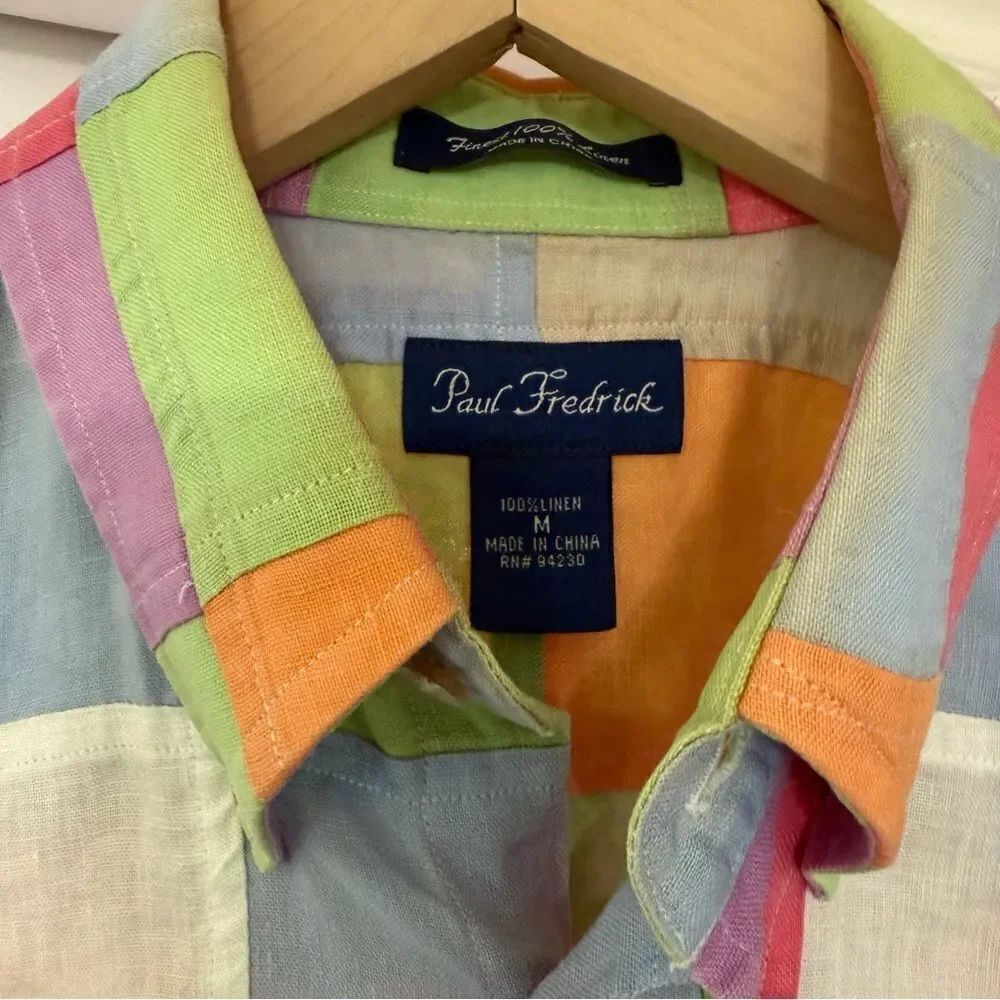 Paul Fredrick 100% Linen Bright Pastel Patchwork Button Down Shirt - Picture 2 of 8
